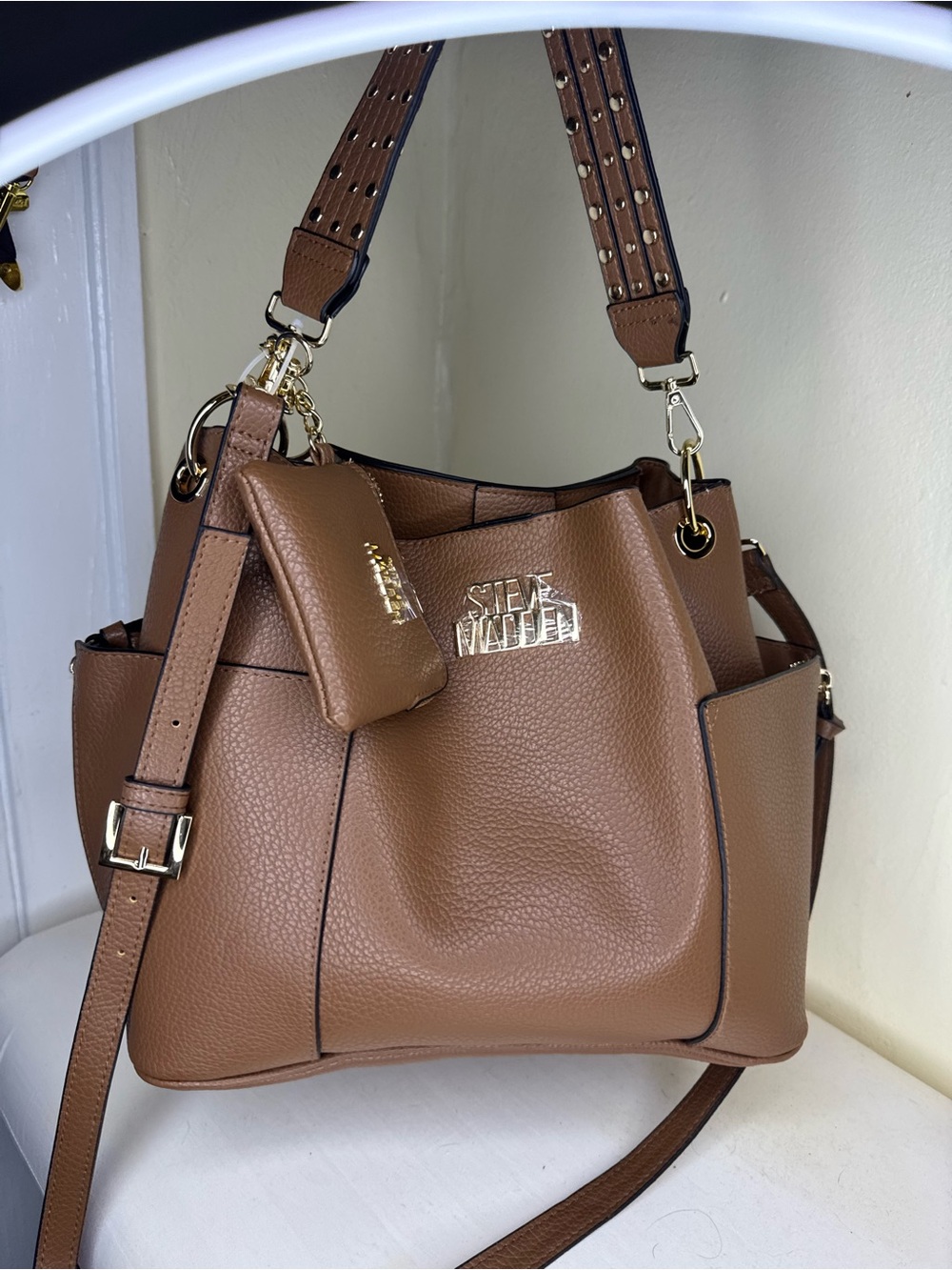 Steve Madden Tan Pebbled Leather Shoulder Bag with Gold Hardware